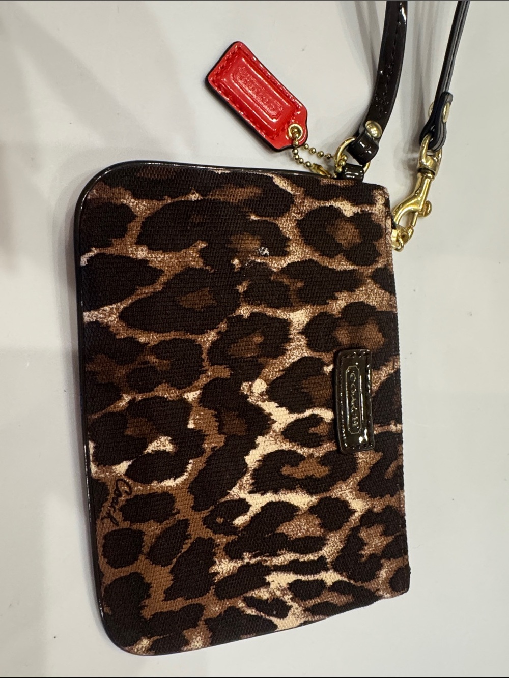 Coach Leopard Print Wristlet in Brown and Black with Red Tag